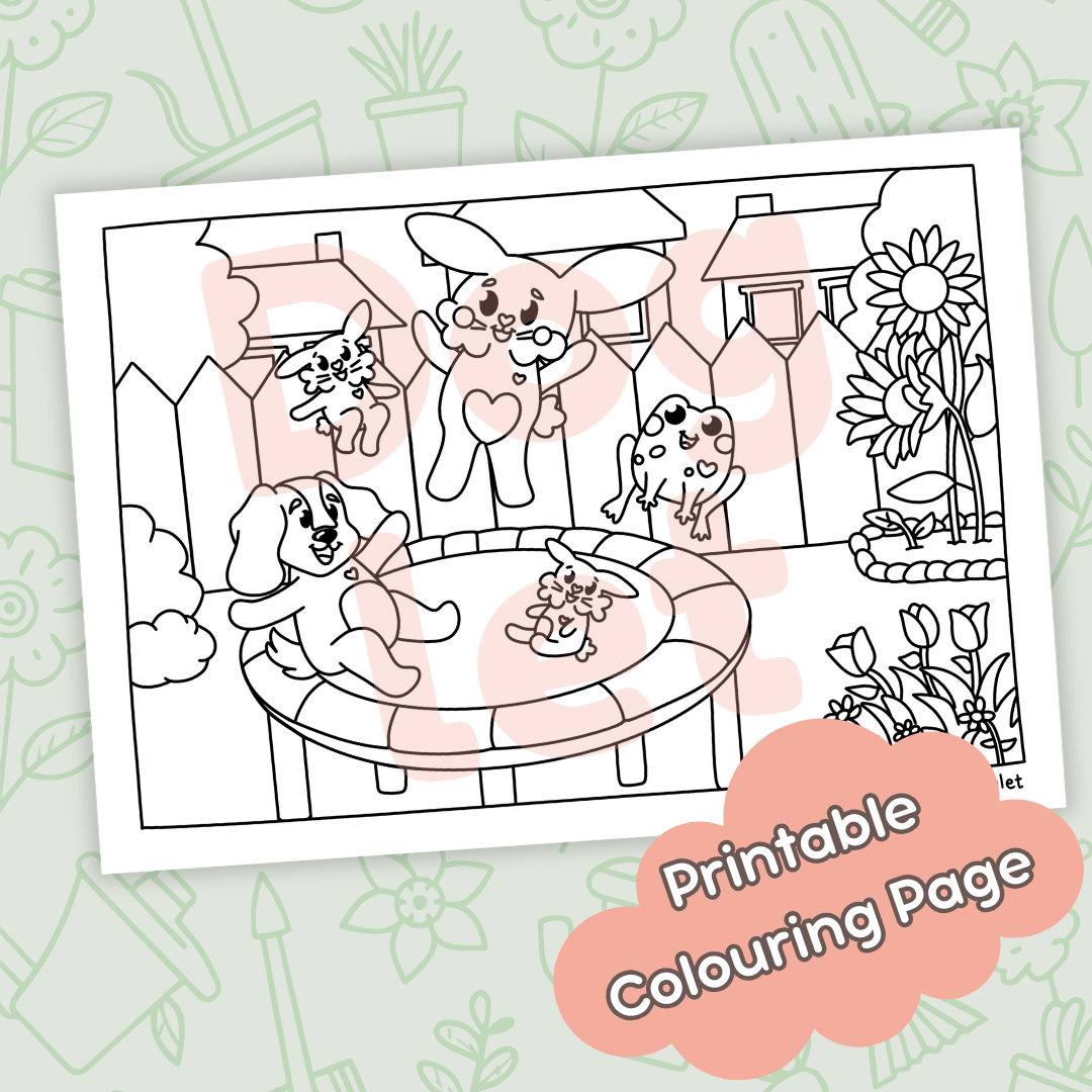 Bunnies on a Trampoline • Printable Colouring Page