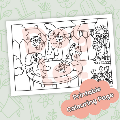Bunnies on a Trampoline • Printable Colouring Page