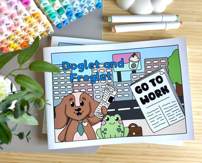 Premium A4 cardstock colouring book for adults and children in the UK featuring hand drawn Doglet and Froglet illustrations with thick bleed-resistant pages for alcohol markers
colouring book jobs uk