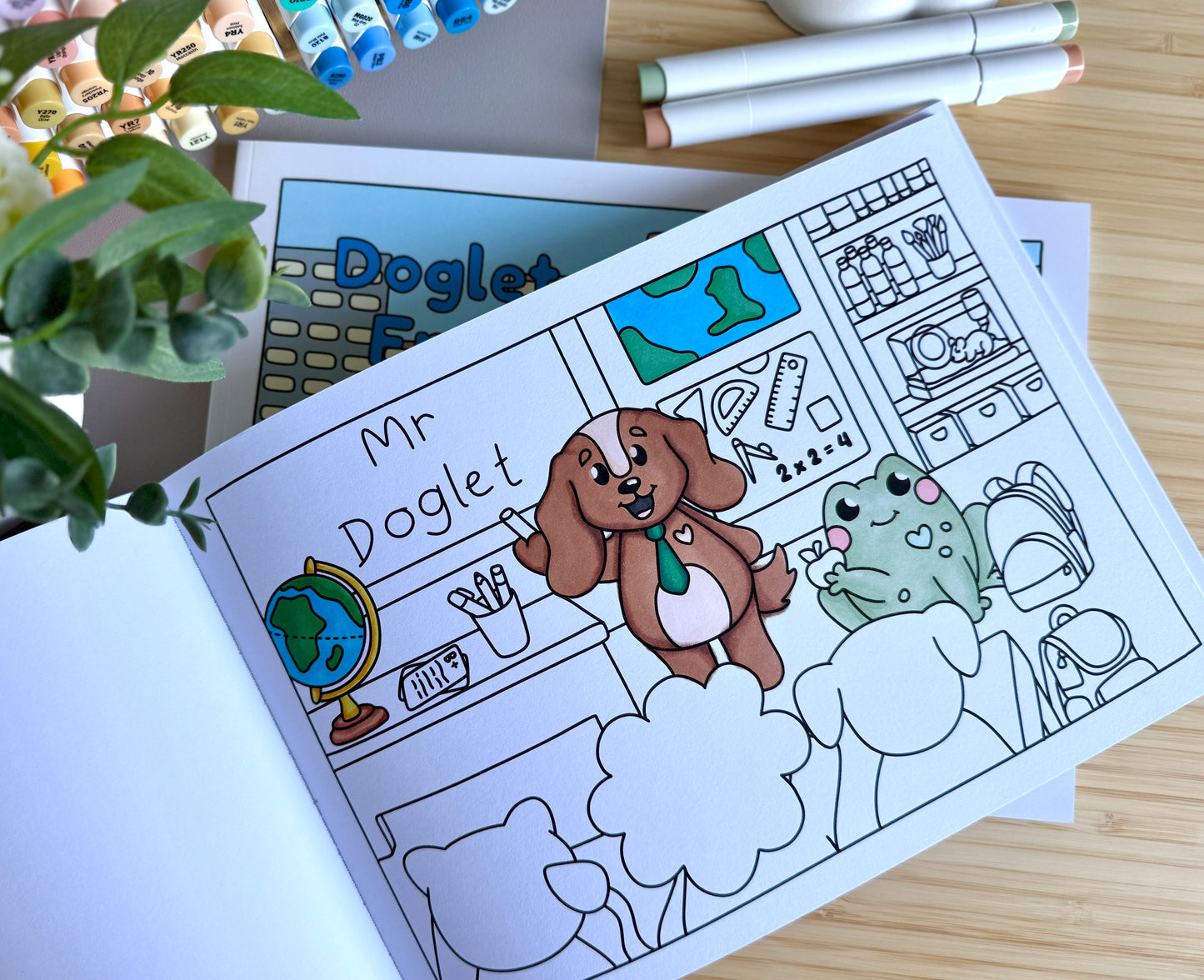 Premium A4 cardstock colouring book for adults and children in the UK featuring hand drawn Doglet and Froglet illustrations with thick bleed-resistant pages for alcohol markers
colouring book jobs