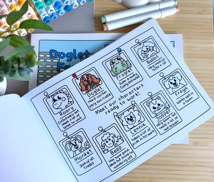 Premium A4 cardstock colouring book for adults and children in the UK featuring hand drawn Doglet and Froglet illustrations with thick bleed-resistant pages for alcohol markers
colouring book jobs uk