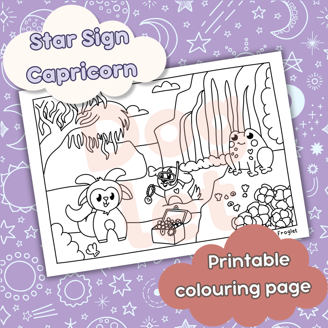 Doglet and Froglet Printable colouring pages. These digital colouring pages are cute and simple ready to download and colour straight away. Following the adventures of an adorable dog and frog, doglet and froglet downloadable colouring pages are great for adults, children and teens. Horoscope colouring page. Capricorn star sign colouring page