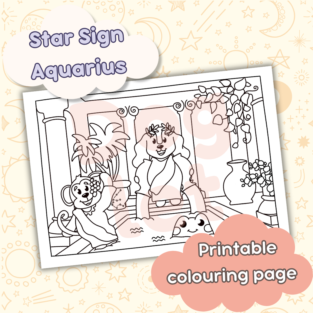 Doglet and Froglet Printable colouring pages. These digital colouring pages are cute and simple ready to download and colour straight away. Following the adventures of an adorable dog and frog, doglet and froglet downloadable colouring pages are great for adults, children and teens. Horoscope colouring page. Aquarius star sign colouring page