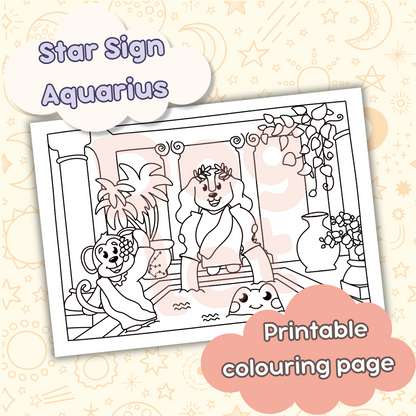 Doglet and Froglet Printable colouring pages. These digital colouring pages are cute and simple ready to download and colour straight away. Following the adventures of an adorable dog and frog, doglet and froglet downloadable colouring pages are great for adults, children and teens. Horoscope colouring page. Aquarius star sign colouring page