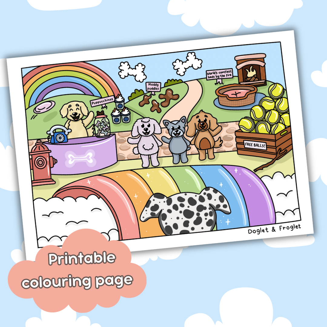 Doglet and Froglet Printable colouring pages. These digital colouring pages are cute and simple ready to download and colour straight away. Following the adventures of an adorable dog and frog, doglet and froglet downloadable colouring pages are great for adults, children and teens. Rainbow bridge colouring page 