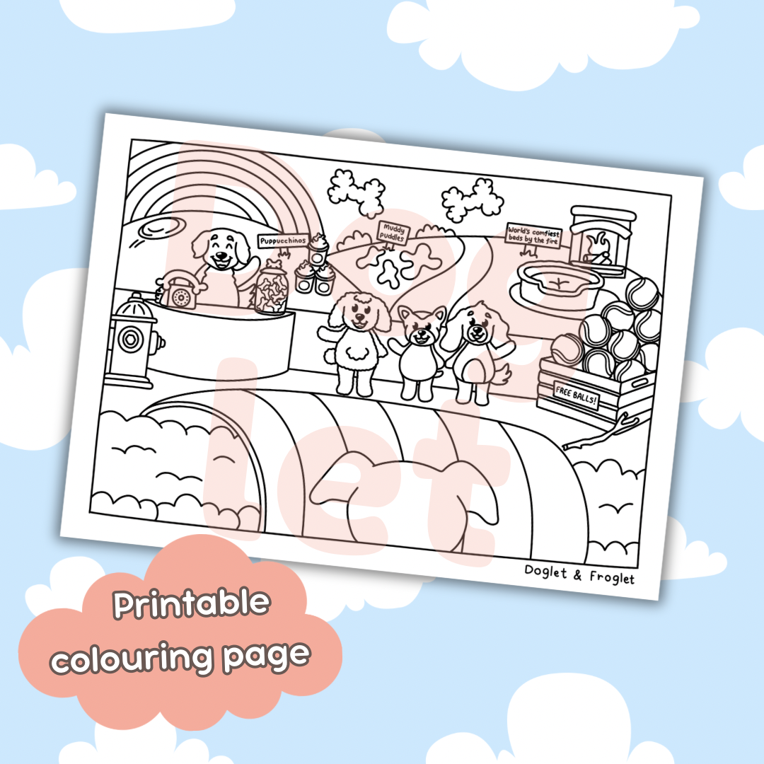 Doglet and Froglet Printable colouring pages. These digital colouring pages are cute and simple ready to download and colour straight away. Following the adventures of an adorable dog and frog, doglet and froglet downloadable colouring pages are great for adults, children and teens. Rainbow bridge colouring page 