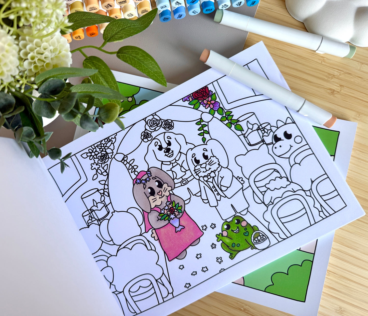 Premium A4 cardstock colouring book for adults and children in the UK featuring hand drawn Doglet and Froglet illustrations with thick bleed-resistant pages for alcohol markers
new doglet and froglet book