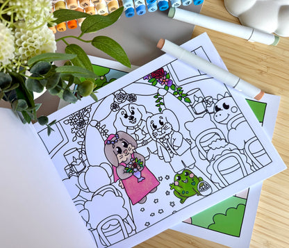 Premium A4 cardstock colouring book for adults and children in the UK featuring hand drawn Doglet and Froglet illustrations with thick bleed-resistant pages for alcohol markers
new doglet and froglet book