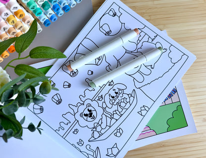 Premium A4 cardstock colouring book for adults and children in the UK featuring hand drawn Doglet and Froglet illustrations with thick bleed-resistant pages for alcohol markers
new doglet and froglet book