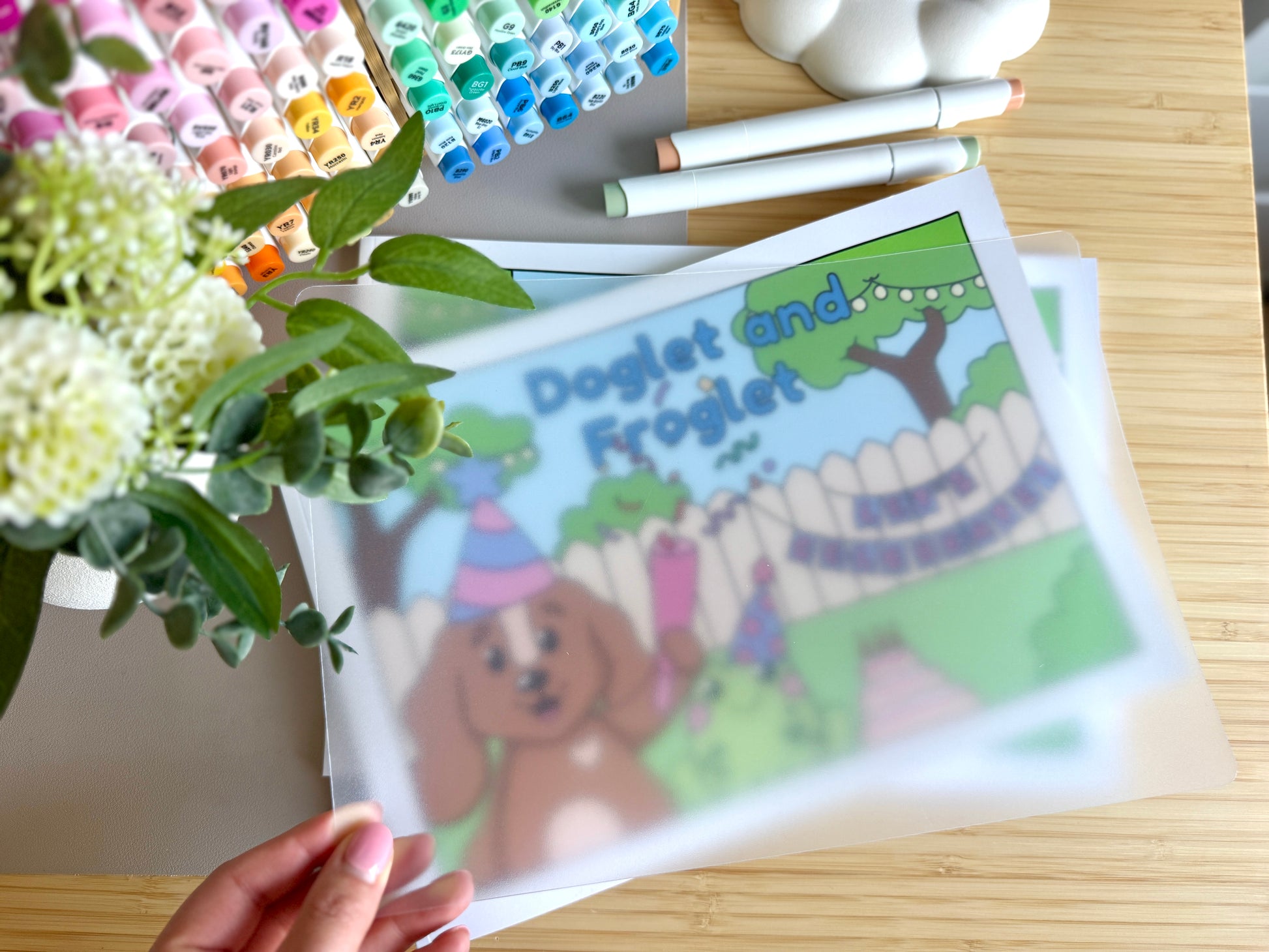 Premium A4 cardstock colouring book for adults and children in the UK featuring hand drawn Doglet and Froglet illustrations with thick bleed-resistant pages for alcohol markers
new doglet and froglet book