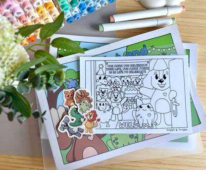 Premium A4 cardstock colouring book for adults and children in the UK featuring hand drawn Doglet and Froglet illustrations with thick bleed-resistant pages for alcohol markers
