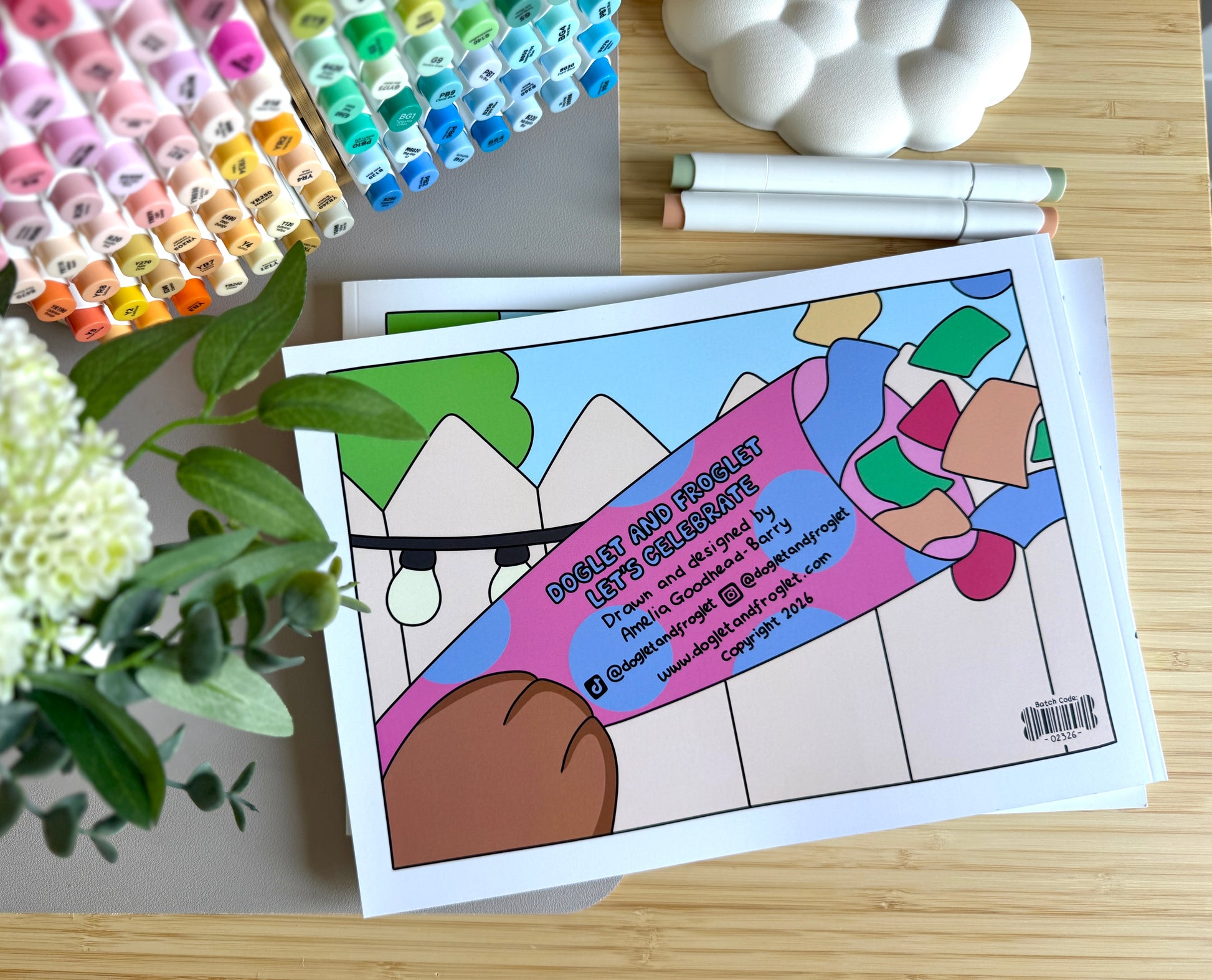 Premium A4 cardstock colouring book for adults and children in the UK featuring hand drawn Doglet and Froglet illustrations with thick bleed-resistant pages for alcohol markers
new doglet and froglet book