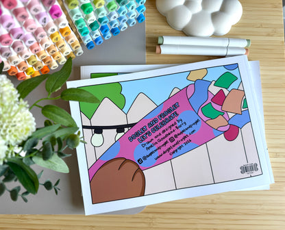 Premium A4 cardstock colouring book for adults and children in the UK featuring hand drawn Doglet and Froglet illustrations with thick bleed-resistant pages for alcohol markers
new doglet and froglet book