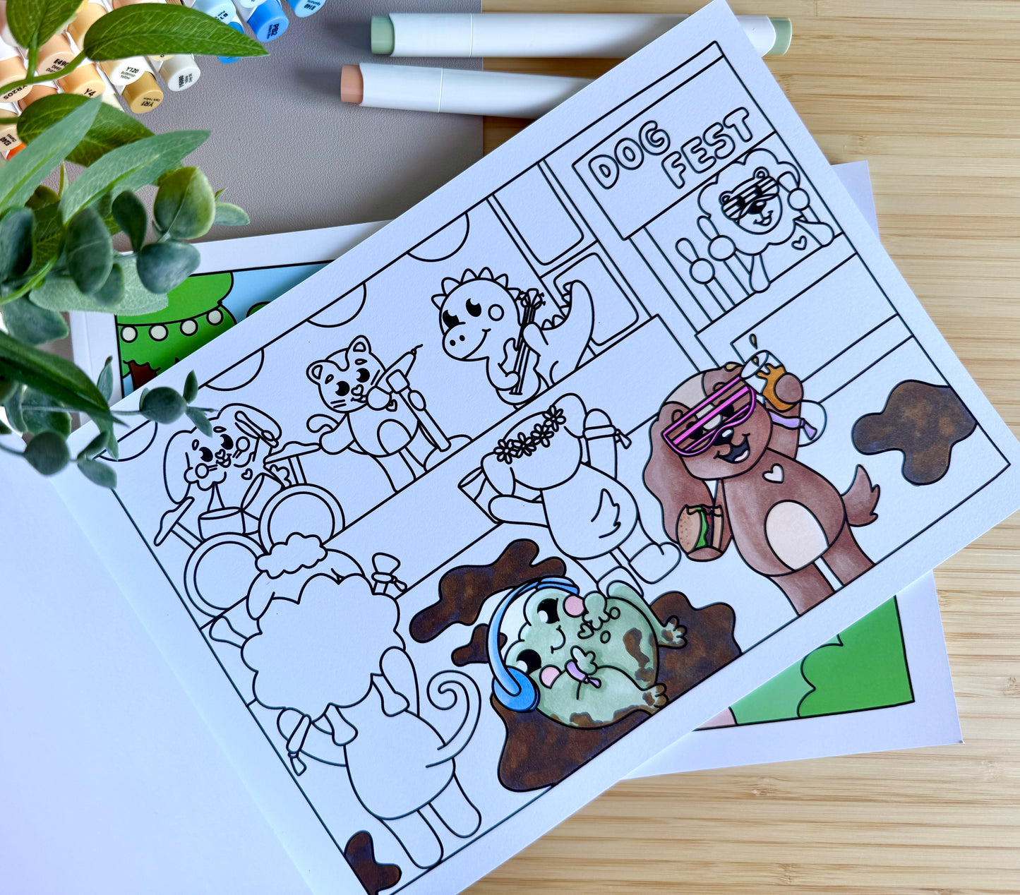 Premium A4 cardstock colouring book for adults and children in the UK featuring hand drawn Doglet and Froglet illustrations with thick bleed-resistant pages for alcohol markers
new doglet and froglet book