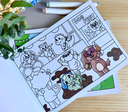 Premium A4 cardstock colouring book for adults and children in the UK featuring hand drawn Doglet and Froglet illustrations with thick bleed-resistant pages for alcohol markers
new doglet and froglet book