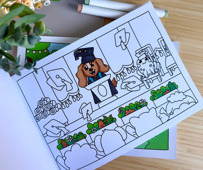 Premium A4 cardstock colouring book for adults and children in the UK featuring hand drawn Doglet and Froglet illustrations with thick bleed-resistant pages for alcohol markers
new doglet and froglet book