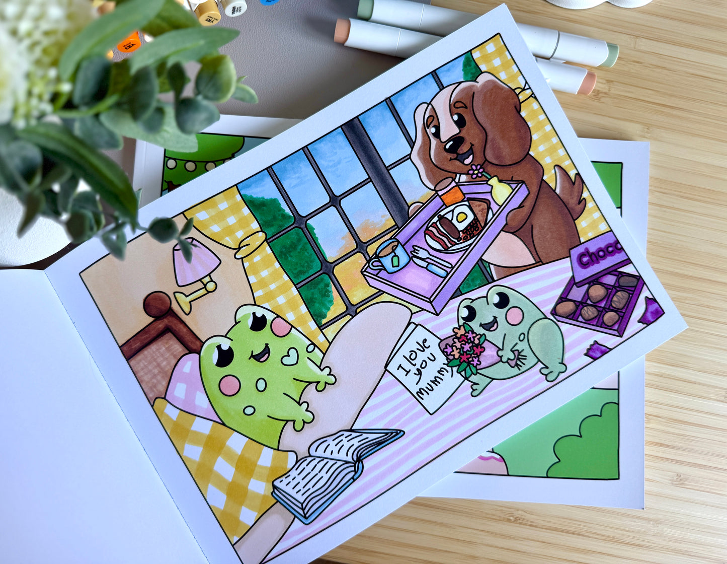 Premium A4 cardstock colouring book for adults and children in the UK featuring hand drawn Doglet and Froglet illustrations with thick bleed-resistant pages for alcohol markers
new doglet and froglet book