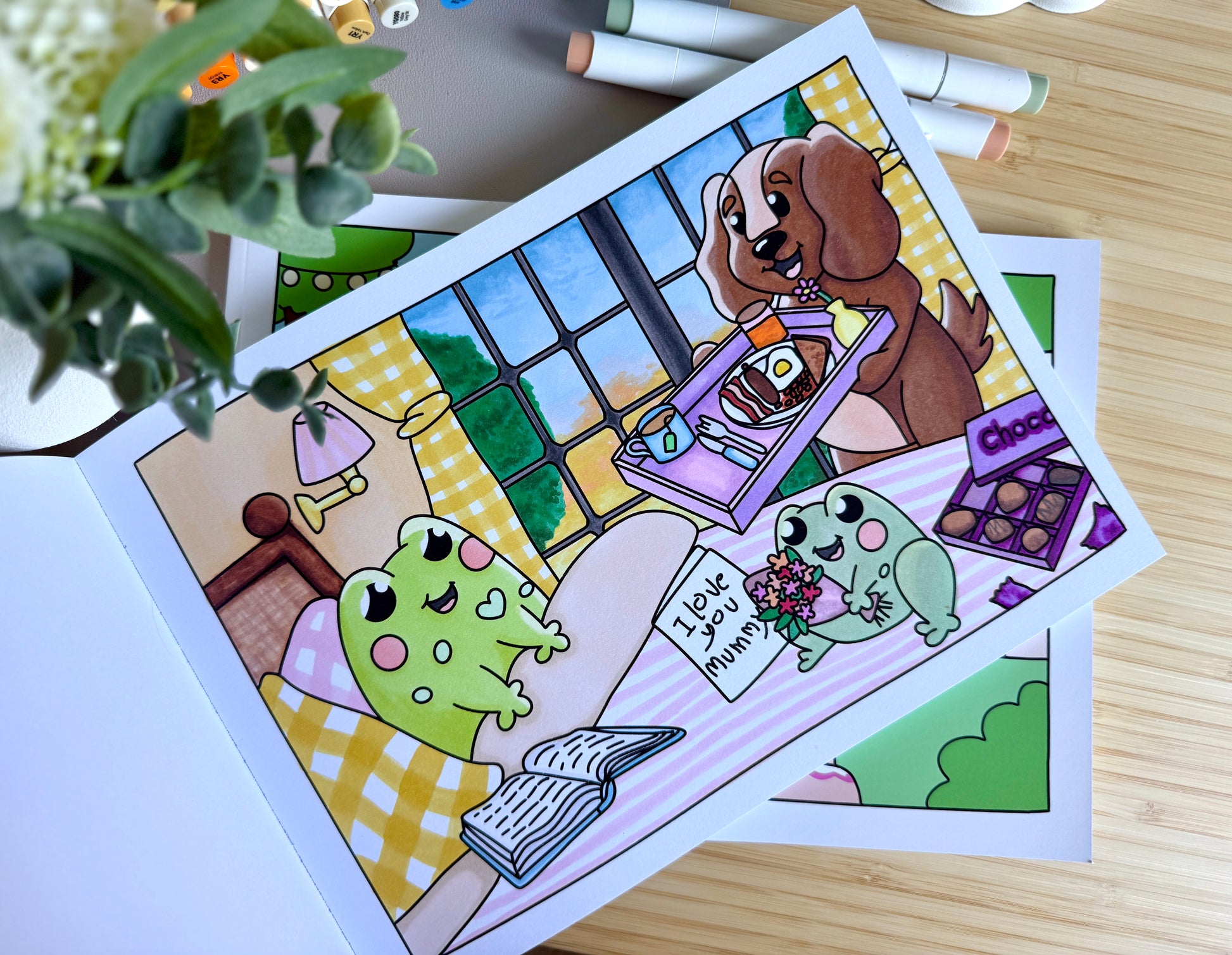 Premium A4 cardstock colouring book for adults and children in the UK featuring hand drawn Doglet and Froglet illustrations with thick bleed-resistant pages for alcohol markers
new doglet and froglet book