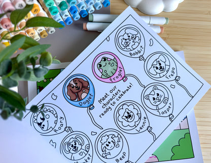 Premium A4 cardstock colouring book for adults and children in the UK featuring hand drawn Doglet and Froglet illustrations with thick bleed-resistant pages for alcohol markers
new doglet and froglet book