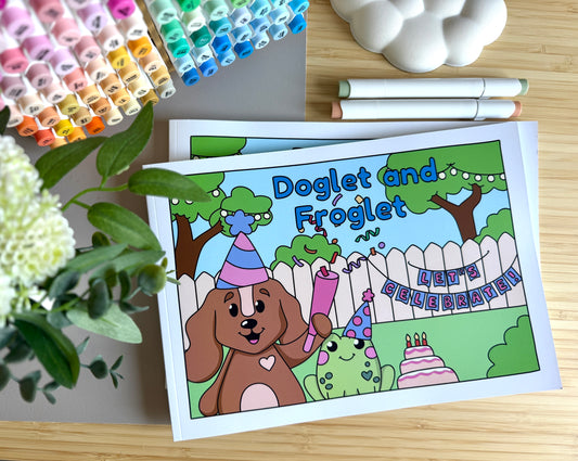Premium A4 cardstock colouring book for adults and children in the UK featuring hand drawn Doglet and Froglet illustrations with thick bleed-resistant pages for alcohol markers
new doglet and froglet book