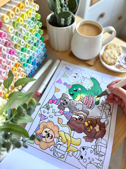 Premium A4 cardstock colouring book for adults and children in the UK featuring hand drawn Doglet and Froglet illustrations with thick bleed-resistant pages for alcohol markers
colouring book and marker pen gift