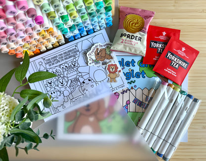 Premium A4 cardstock colouring book for adults and children in the UK featuring hand drawn Doglet and Froglet illustrations with thick bleed-resistant pages for alcohol markers
colouring book and marker pen gift