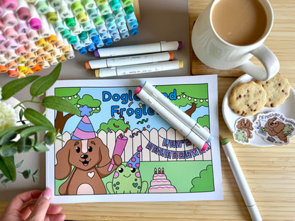 Premium A4 cardstock colouring book for adults and children in the UK featuring hand drawn Doglet and Froglet illustrations with thick bleed-resistant pages for alcohol markers
colouring book and marker pen gift