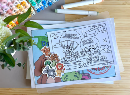 Premium A4 cardstock colouring book for adults and children in the UK featuring hand drawn Doglet and Froglet illustrations with thick bleed-resistant pages for alcohol markers
colouring book about travelling