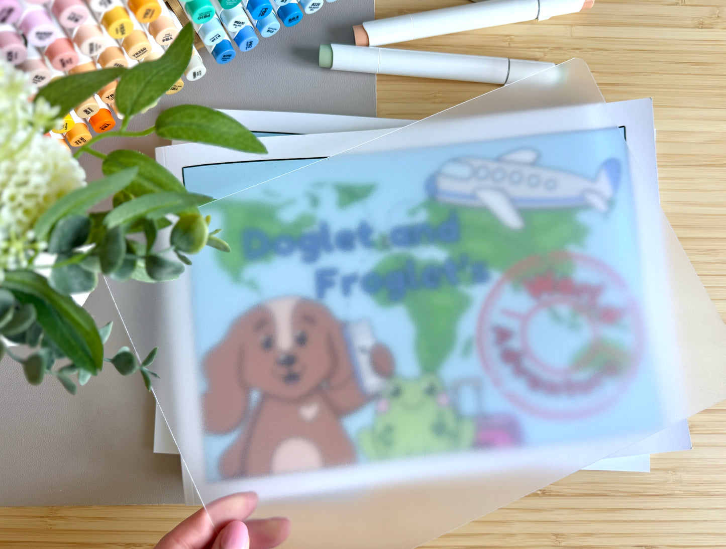Premium A4 cardstock colouring book for adults and children in the UK featuring hand drawn Doglet and Froglet illustrations with thick bleed-resistant pages for alcohol markers
colouring book about travelling