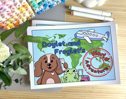 Premium A4 cardstock colouring book for adults and children in the UK featuring hand drawn Doglet and Froglet illustrations with thick bleed-resistant pages for alcohol markers
colouring book about travelling