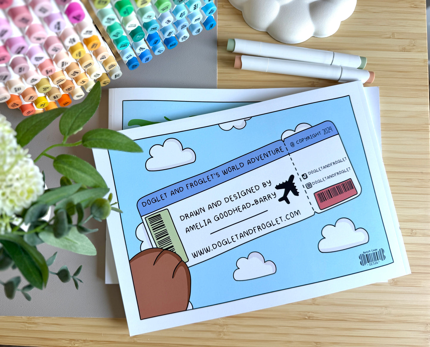 Premium A4 cardstock colouring book for adults and children in the UK featuring hand drawn Doglet and Froglet illustrations with thick bleed-resistant pages for alcohol markers
colouring book about travelling