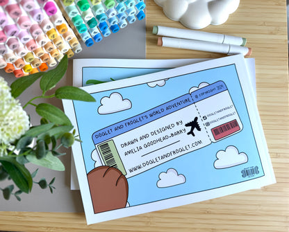 Premium A4 cardstock colouring book for adults and children in the UK featuring hand drawn Doglet and Froglet illustrations with thick bleed-resistant pages for alcohol markers
colouring book about travelling