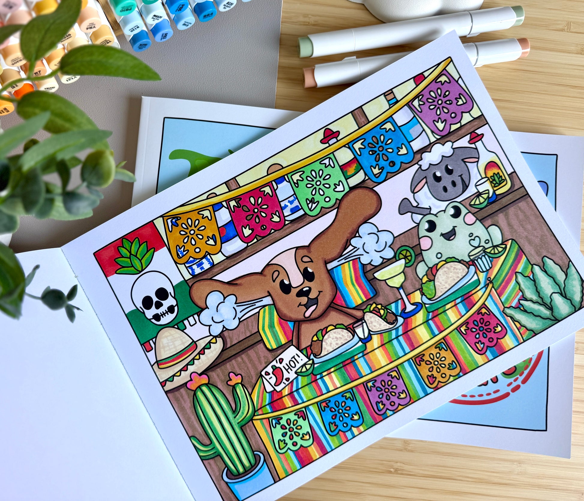 Premium A4 cardstock colouring book for adults and children in the UK featuring hand drawn Doglet and Froglet illustrations with thick bleed-resistant pages for alcohol markers
colouring book about travelling
