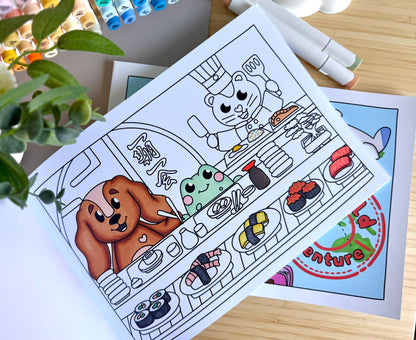 Premium A4 cardstock colouring book for adults and children in the UK featuring hand drawn Doglet and Froglet illustrations with thick bleed-resistant pages for alcohol markers
colouring book about travelling