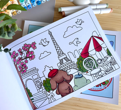 Premium A4 cardstock colouring book for adults and children in the UK featuring hand drawn Doglet and Froglet illustrations with thick bleed-resistant pages for alcohol markers
colouring book about travelling