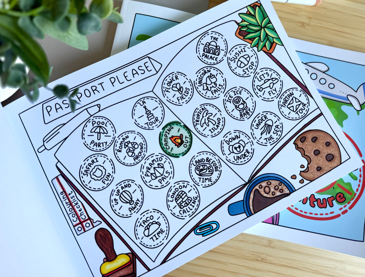 Premium A4 cardstock colouring book for adults and children in the UK featuring hand drawn Doglet and Froglet illustrations with thick bleed-resistant pages for alcohol markers
colouring book about travelling