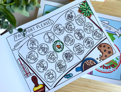 Premium A4 cardstock colouring book for adults and children in the UK featuring hand drawn Doglet and Froglet illustrations with thick bleed-resistant pages for alcohol markers
colouring book about travelling