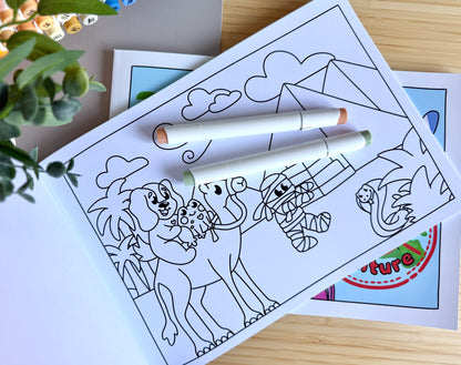 Premium A4 cardstock colouring book for adults and children in the UK featuring hand drawn Doglet and Froglet illustrations with thick bleed-resistant pages for alcohol markers
colouring book about travelling