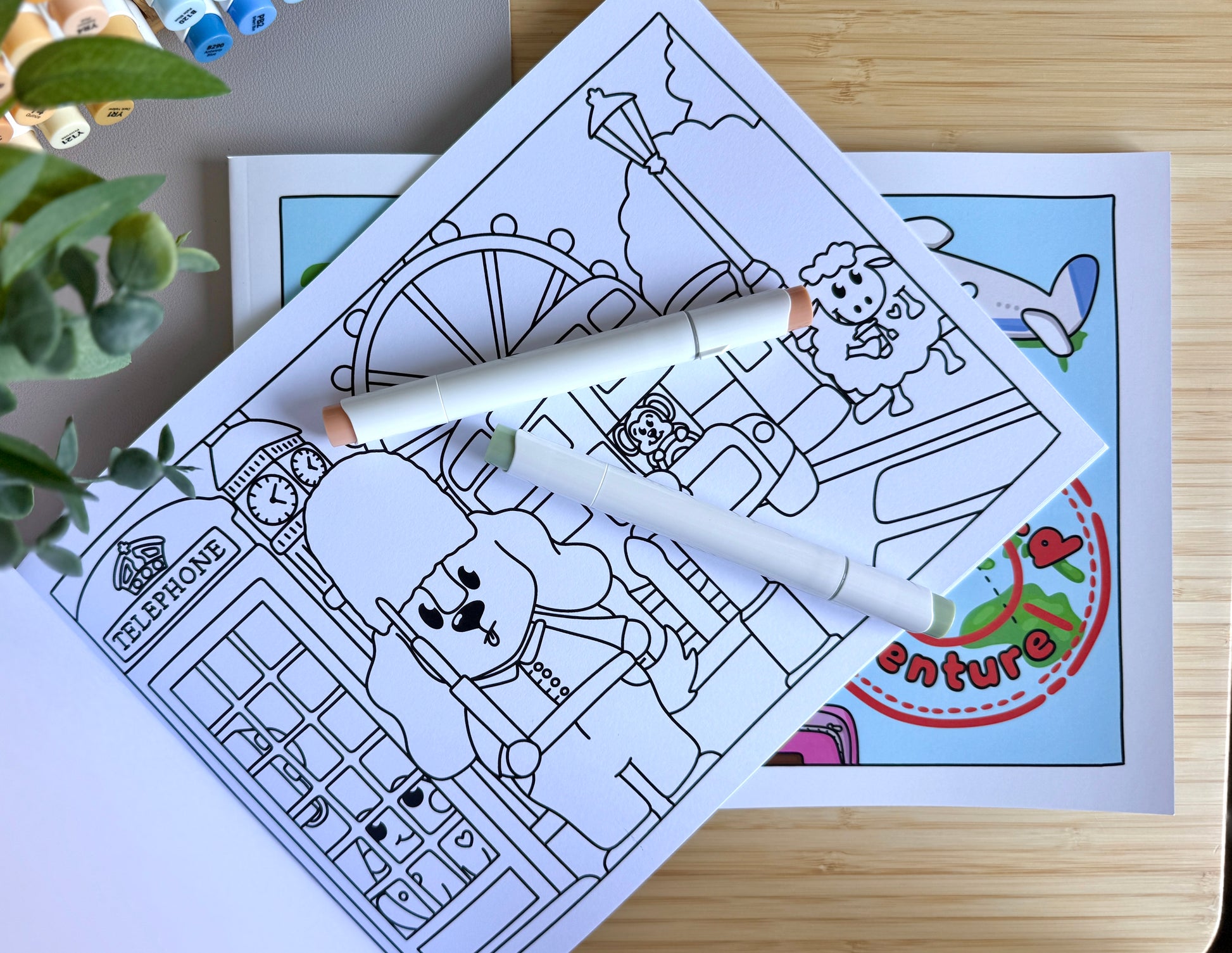Premium A4 cardstock colouring book for adults and children in the UK featuring hand drawn Doglet and Froglet illustrations with thick bleed-resistant pages for alcohol markers
colouring book about travelling