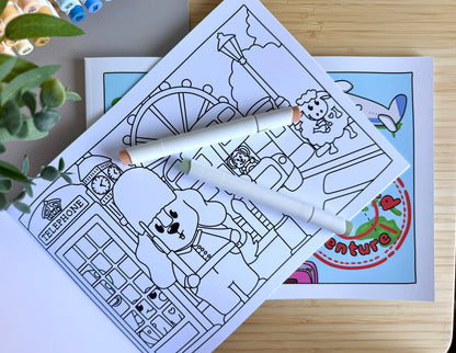 Premium A4 cardstock colouring book for adults and children in the UK featuring hand drawn Doglet and Froglet illustrations with thick bleed-resistant pages for alcohol markers
colouring book about travelling