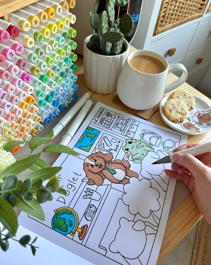 Premium A4 cardstock colouring book for adults and children in the UK featuring hand drawn Doglet and Froglet illustrations with thick bleed-resistant pages for alcohol markers
colouring gifts