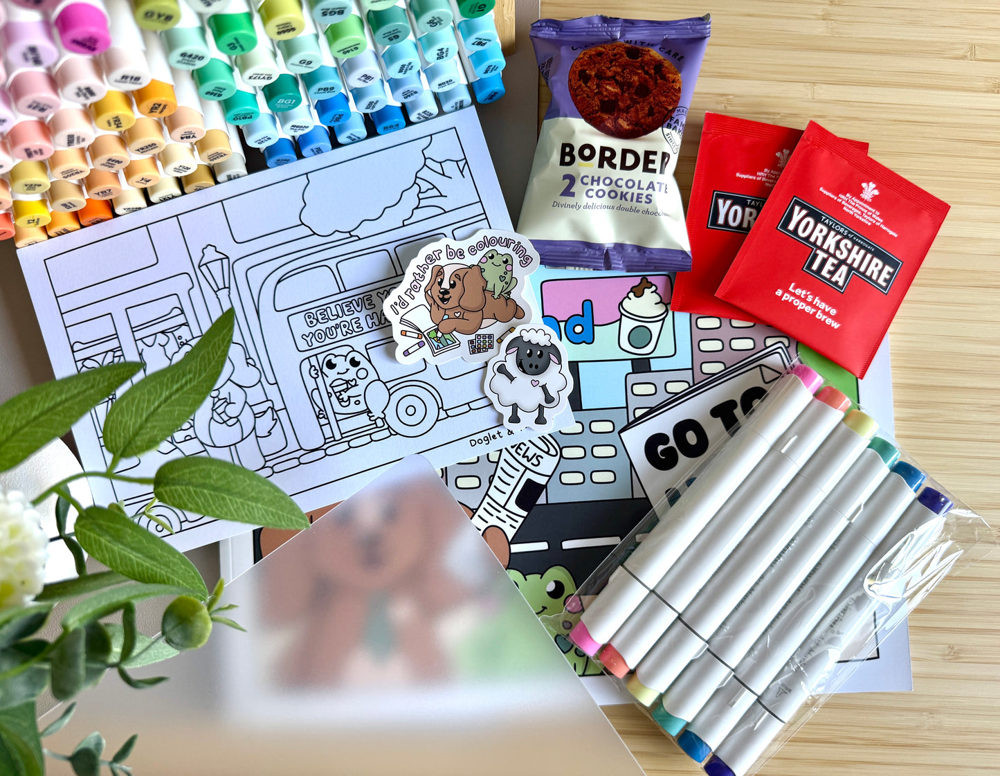 Premium A4 cardstock colouring book for adults and children in the UK featuring hand drawn Doglet and Froglet illustrations with thick bleed-resistant pages for alcohol markers
colouring gifts