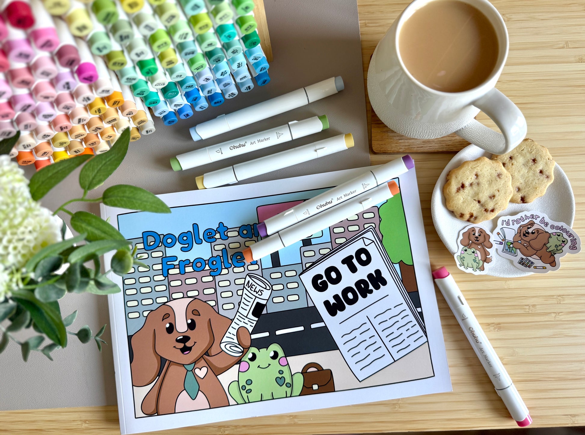 Premium A4 cardstock colouring book for adults and children in the UK featuring hand drawn Doglet and Froglet illustrations with thick bleed-resistant pages for alcohol markers
colouring gifts