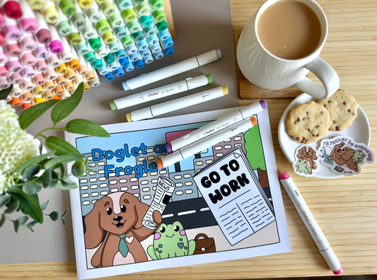 Premium A4 cardstock colouring book for adults and children in the UK featuring hand drawn Doglet and Froglet illustrations with thick bleed-resistant pages for alcohol markers
colouring gifts