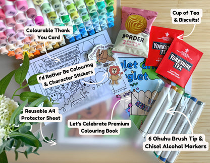 Premium A4 cardstock colouring book for adults and children in the UK featuring hand drawn Doglet and Froglet illustrations with thick bleed-resistant pages for alcohol markers
colouring book and marker pen gift