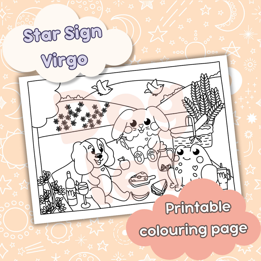 Doglet and Froglet Printable colouring pages. These digital colouring pages are cute and simple ready to download and colour straight away. Following the adventures of an adorable dog and frog, doglet and froglet downloadable colouring pages are great for adults, children and teens. Horoscope colouring page. virgo star sign colouring page