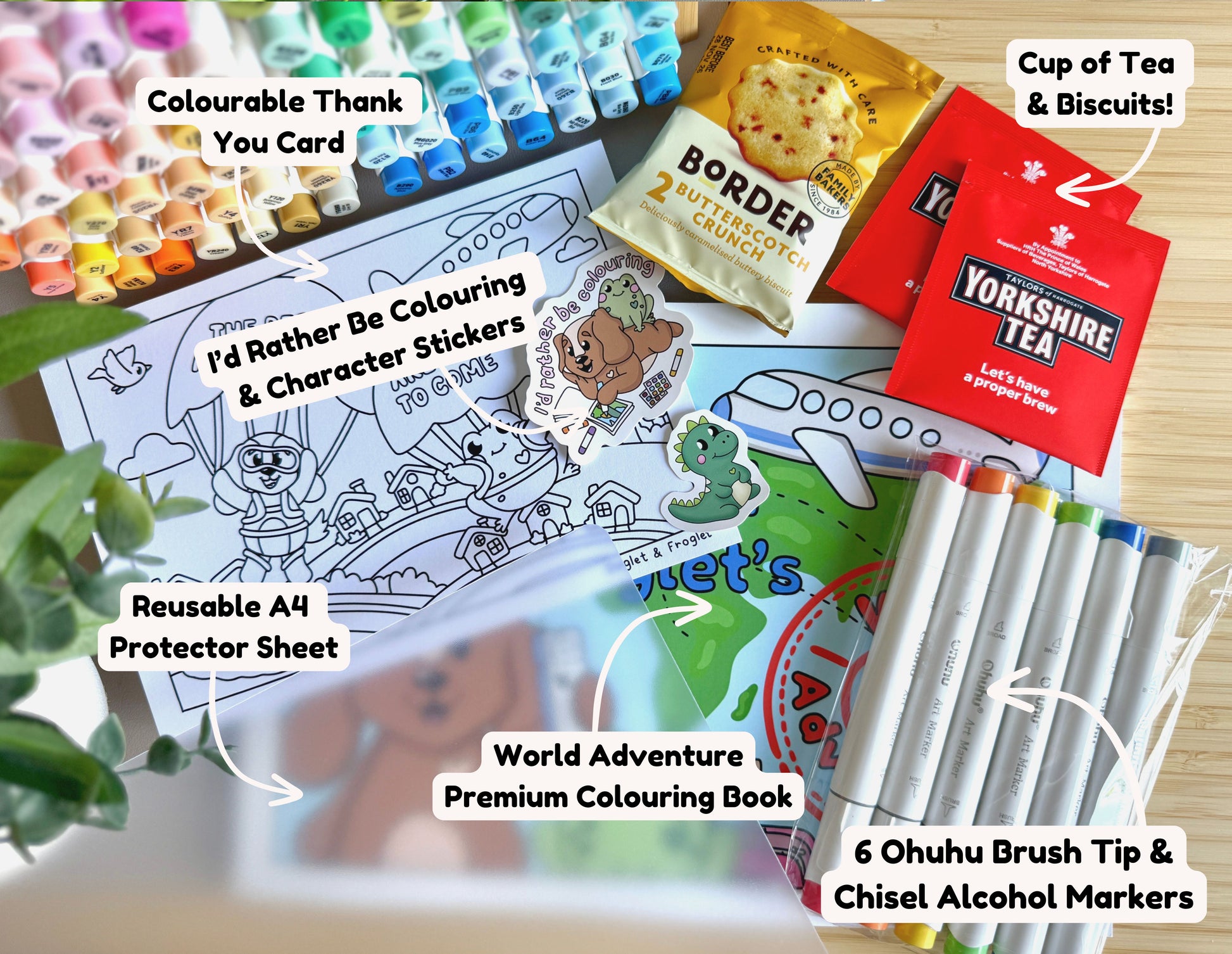 Premium A4 cardstock colouring book for adults and children in the UK featuring hand drawn Doglet and Froglet illustrations with thick bleed-resistant pages for alcohol markers
colouring gifts