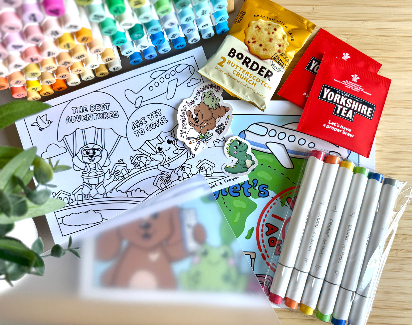 Premium A4 cardstock colouring book for adults and children in the UK featuring hand drawn Doglet and Froglet illustrations with thick bleed-resistant pages for alcohol markers
colouring gifts