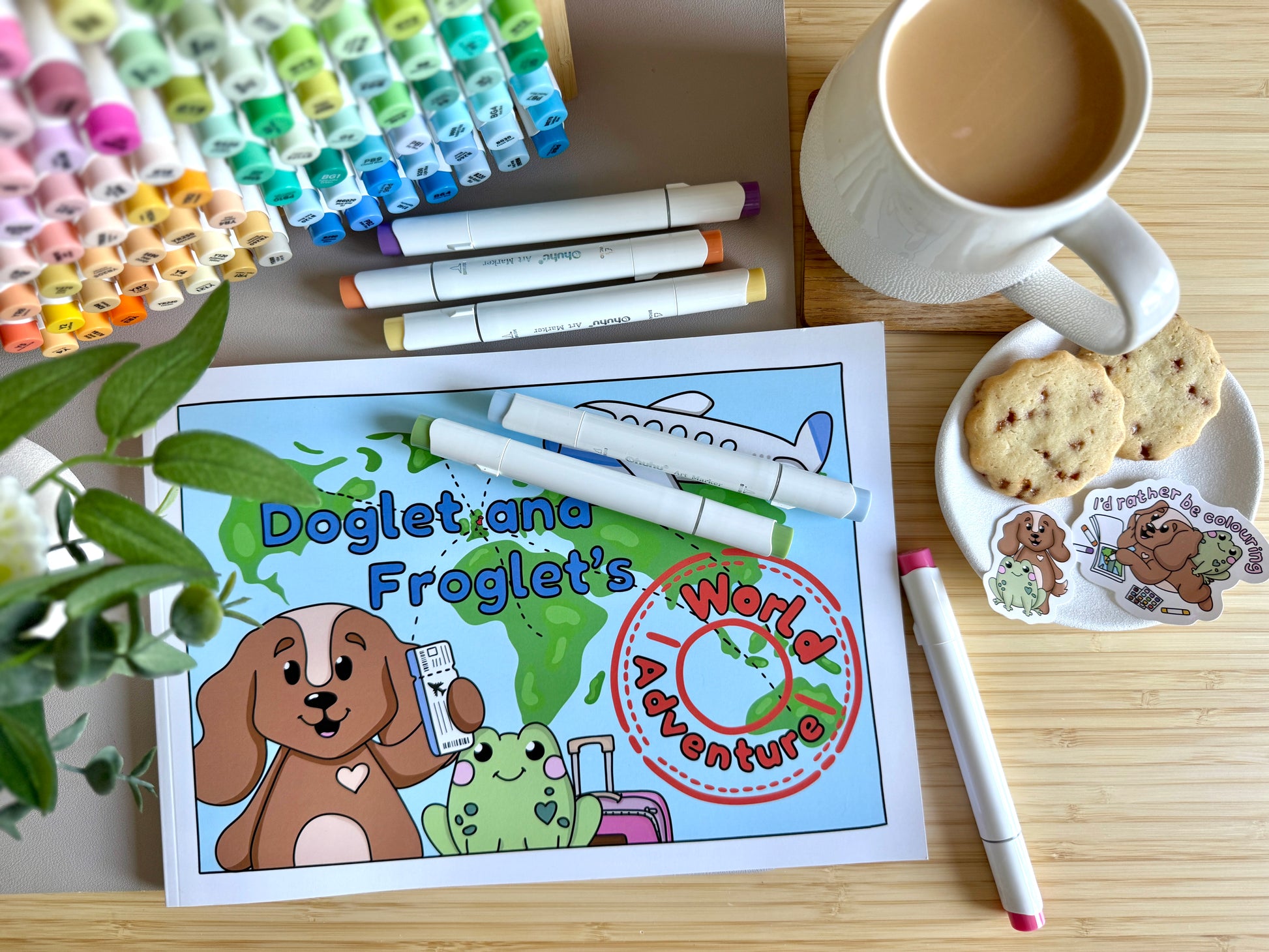 Premium A4 cardstock colouring book for adults and children in the UK featuring hand drawn Doglet and Froglet illustrations with thick bleed-resistant pages for alcohol markers
colouring gifts