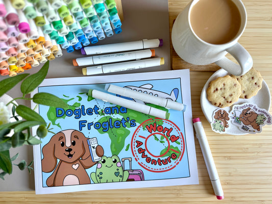 Premium A4 cardstock colouring book for adults and children in the UK featuring hand drawn Doglet and Froglet illustrations with thick bleed-resistant pages for alcohol markers
colouring gifts